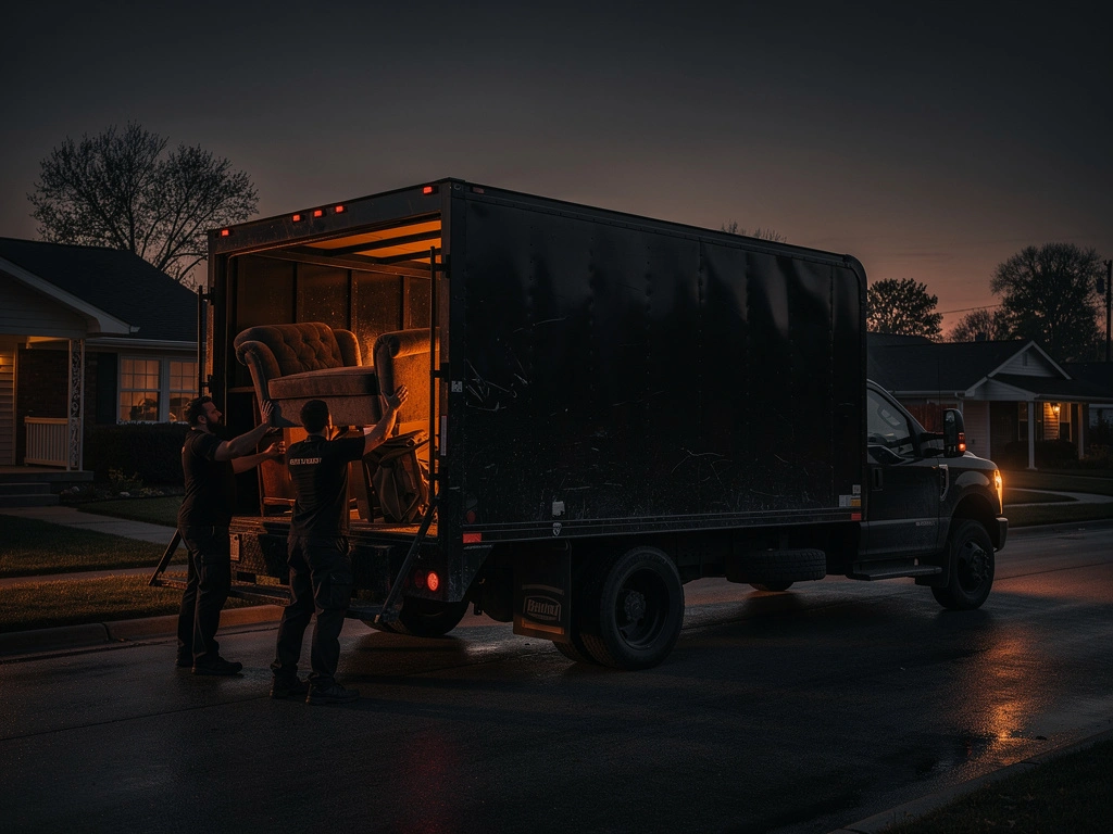 Junk Junkies crew loading a couch onto a black truck at dusk